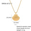 Gold shell pendant necklace with measurements and material details on a white background