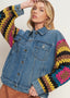 Washed denim jacket with crochet contrast sleeves front view