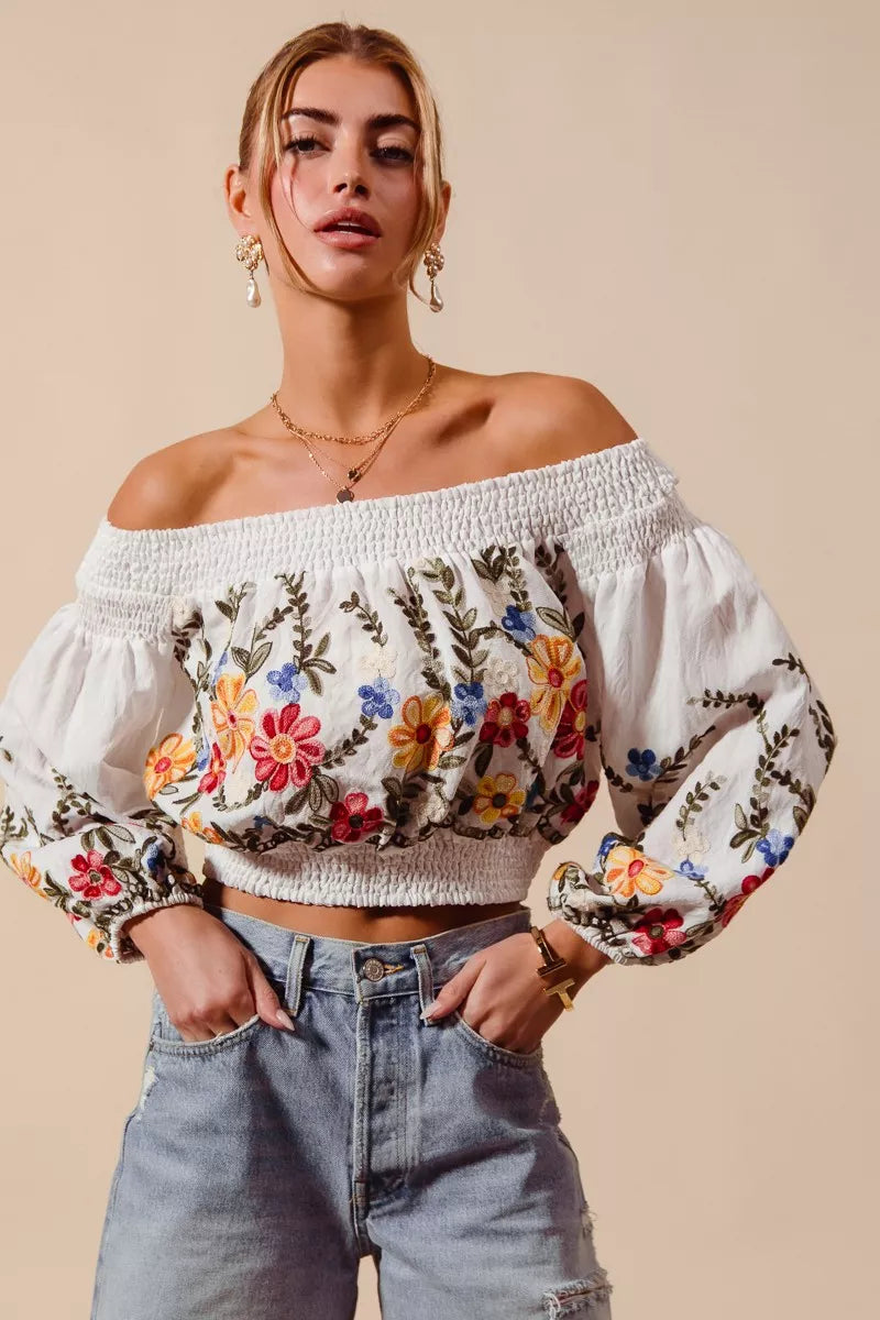 SO ME Floral Embroidered Off The Shoulder Crop Top Secondary image