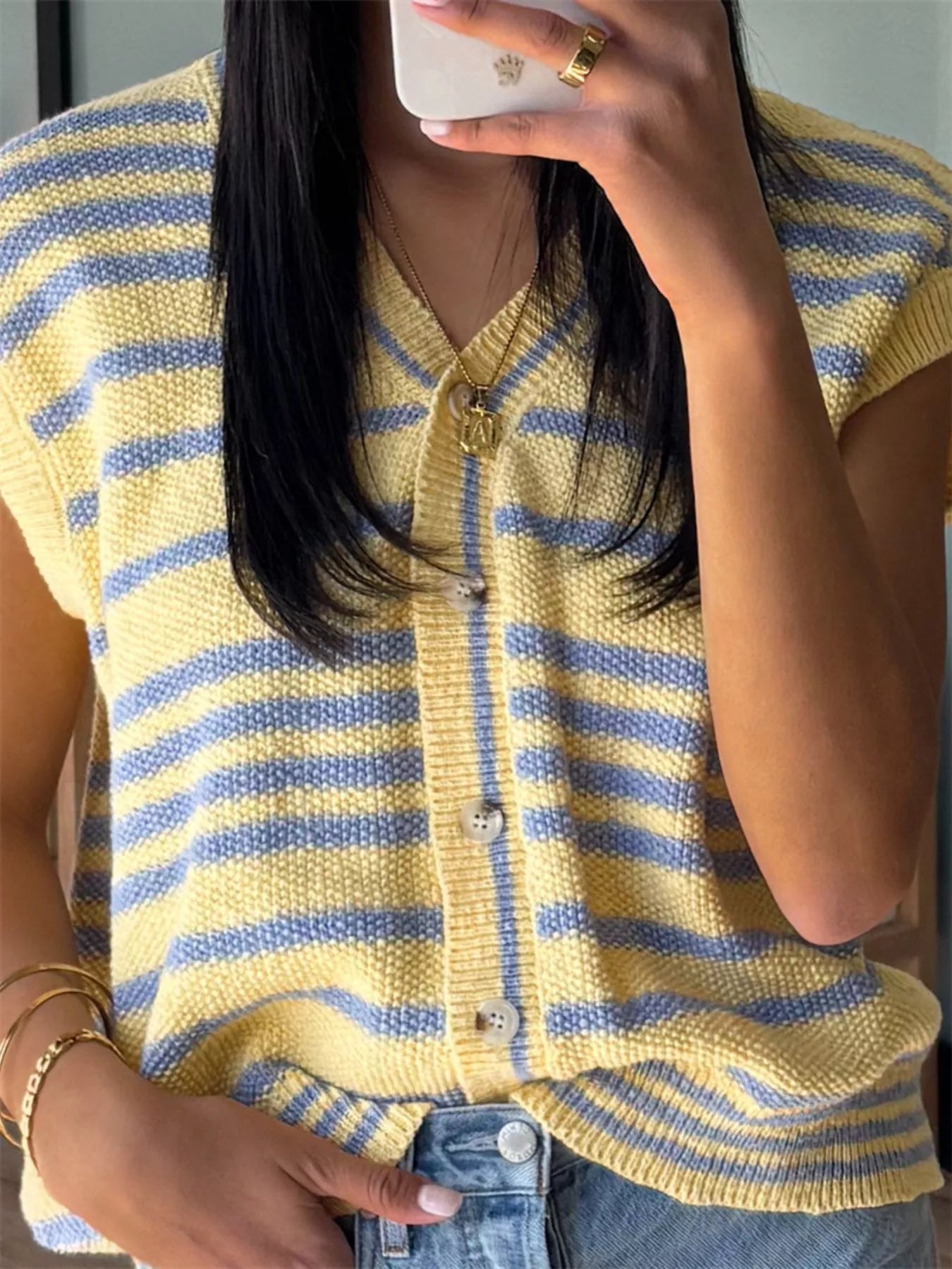 Striped Knit Button Up Cap Sleeve Cardigan Main image
