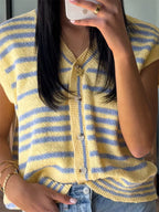 Striped Knit Button Up Cap Sleeve Cardigan