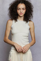 POL Round Neck Cropped Tank with Lace Trim