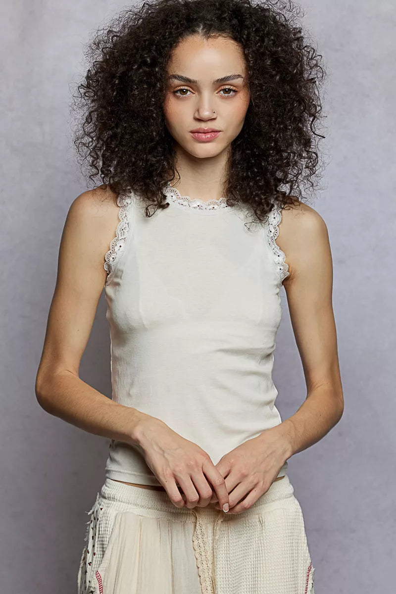 POL Round Neck Cropped Tank with Lace Trim Main image
