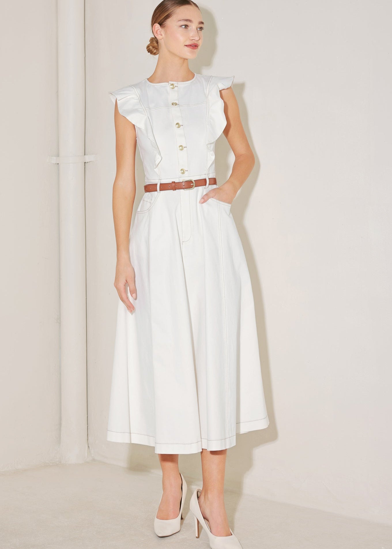 SOFT POWER STORY WOVEN MIDI DRESS