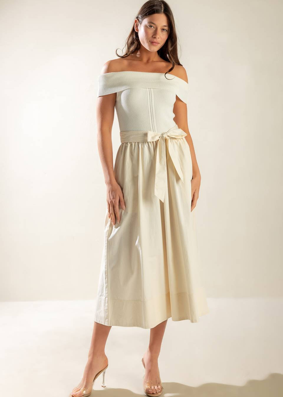 SOCIAL SEASON  OFF SHOULDER MIDI DRESS