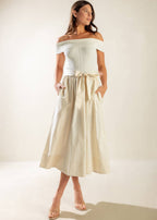 SOCIAL SEASON  OFF SHOULDER MIDI DRESS
