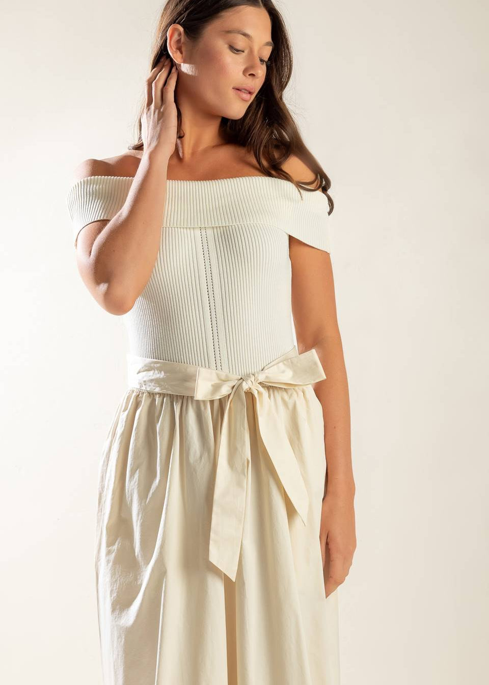 SOCIAL SEASON  OFF SHOULDER MIDI DRESS