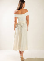 SOCIAL SEASON  OFF SHOULDER MIDI DRESS