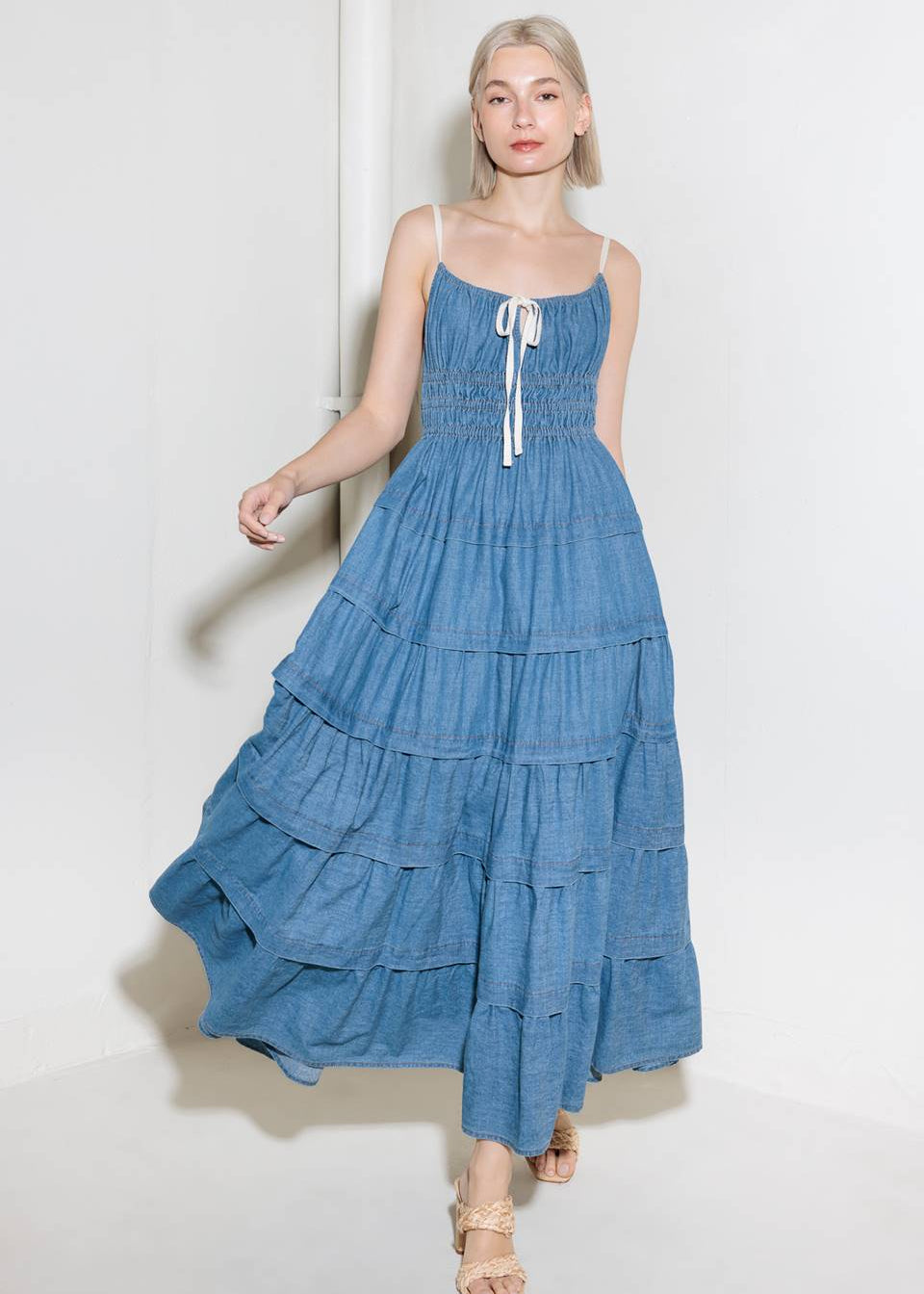 THE MARLOWE TIERED DENIM MIDI DRESS
