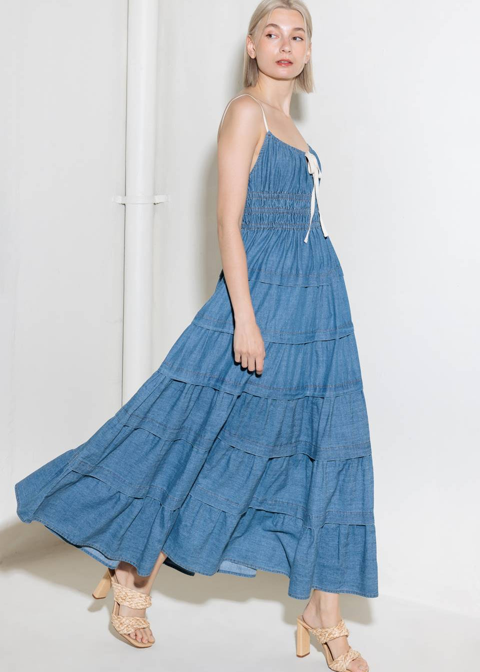 THE MARLOWE TIERED DENIM MIDI DRESS