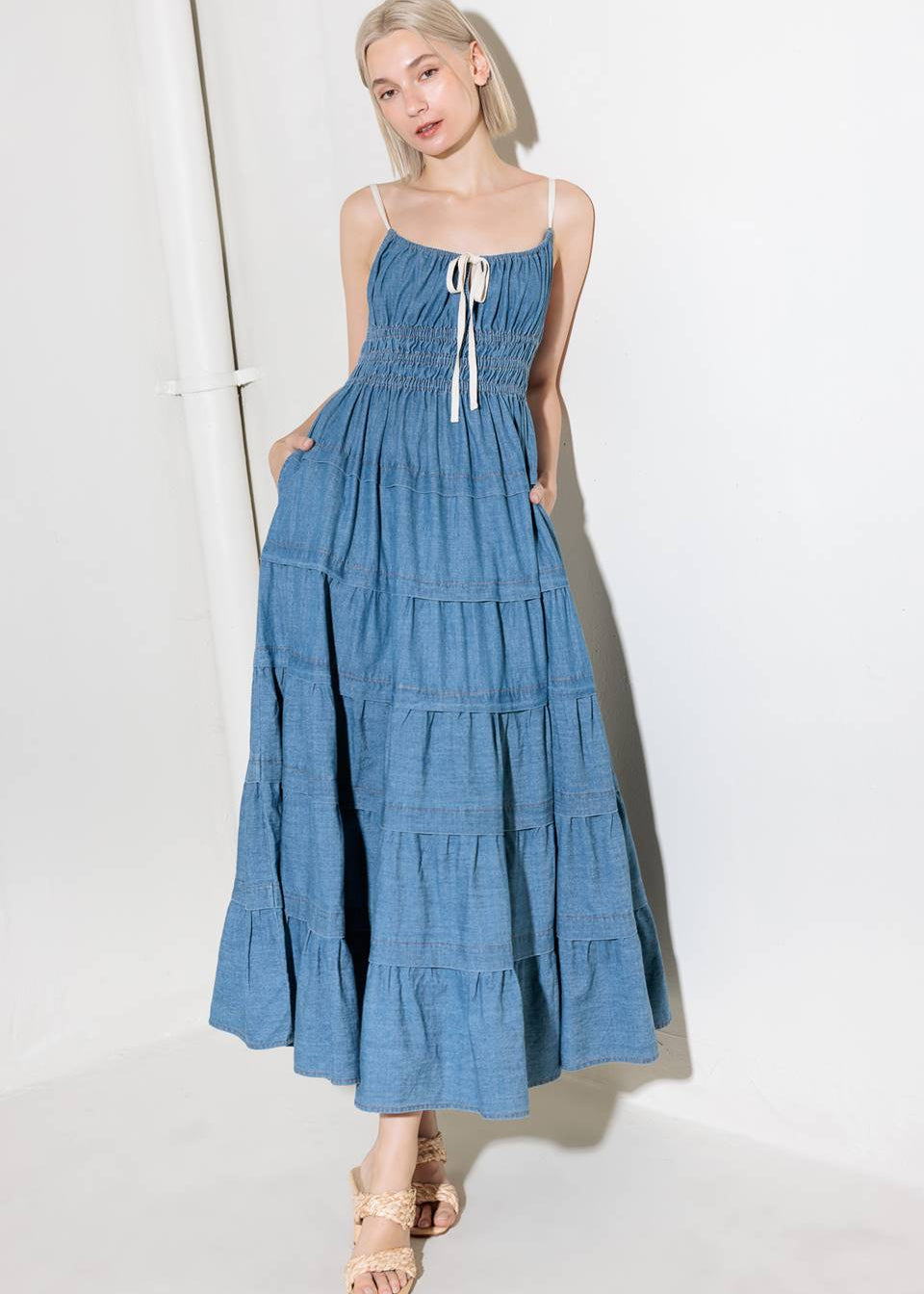 THE MARLOWE TIERED DENIM MIDI DRESS