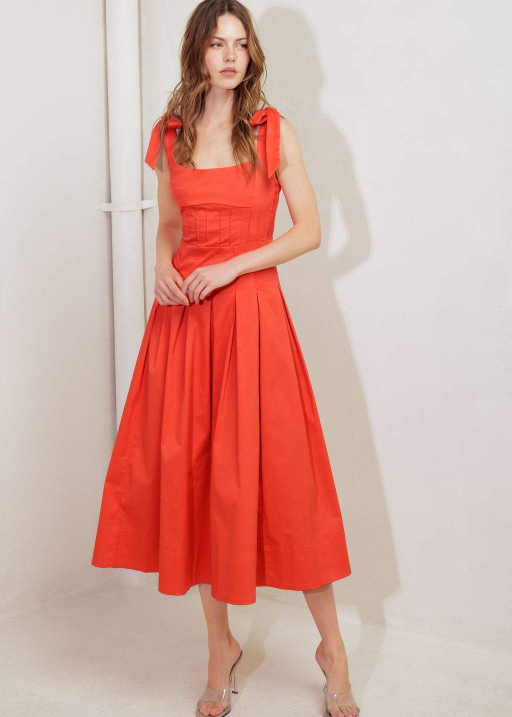 SUN KISSED FLAME TIE SHOULDER MIDI DRESS