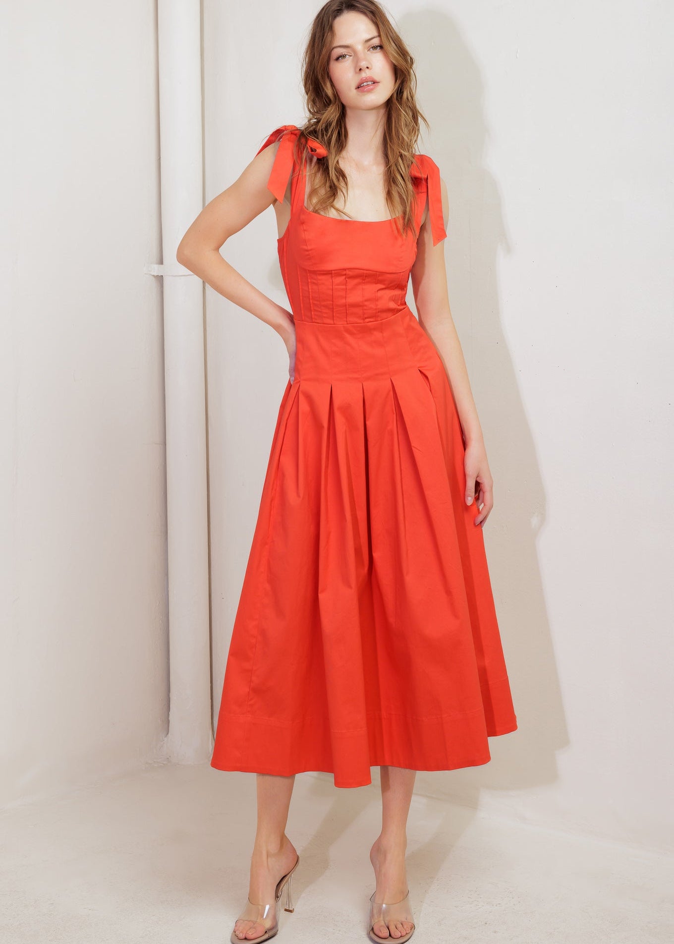 SUN KISSED FLAME TIE SHOULDER MIDI DRESS