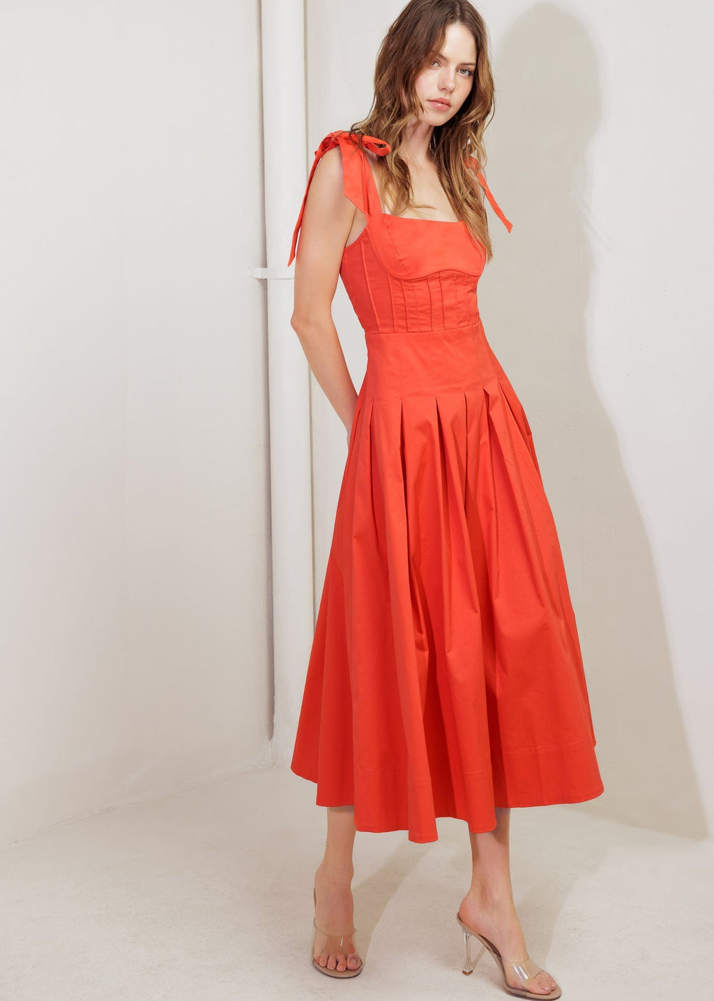 SUN KISSED FLAME TIE SHOULDER MIDI DRESS