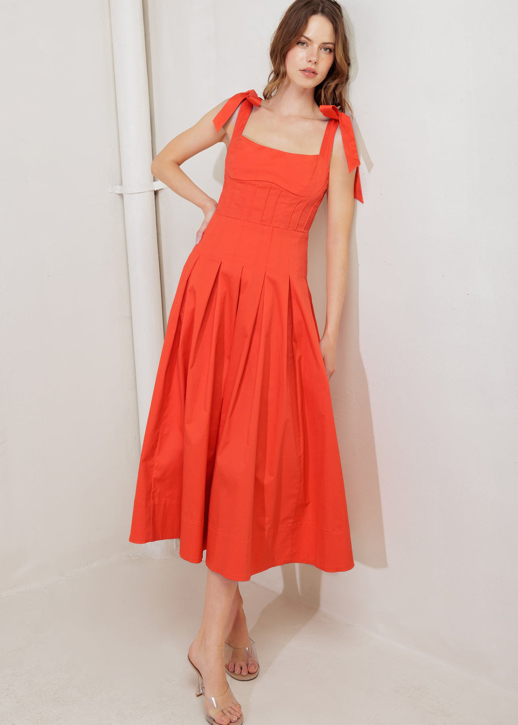 SUN KISSED FLAME TIE SHOULDER MIDI DRESS