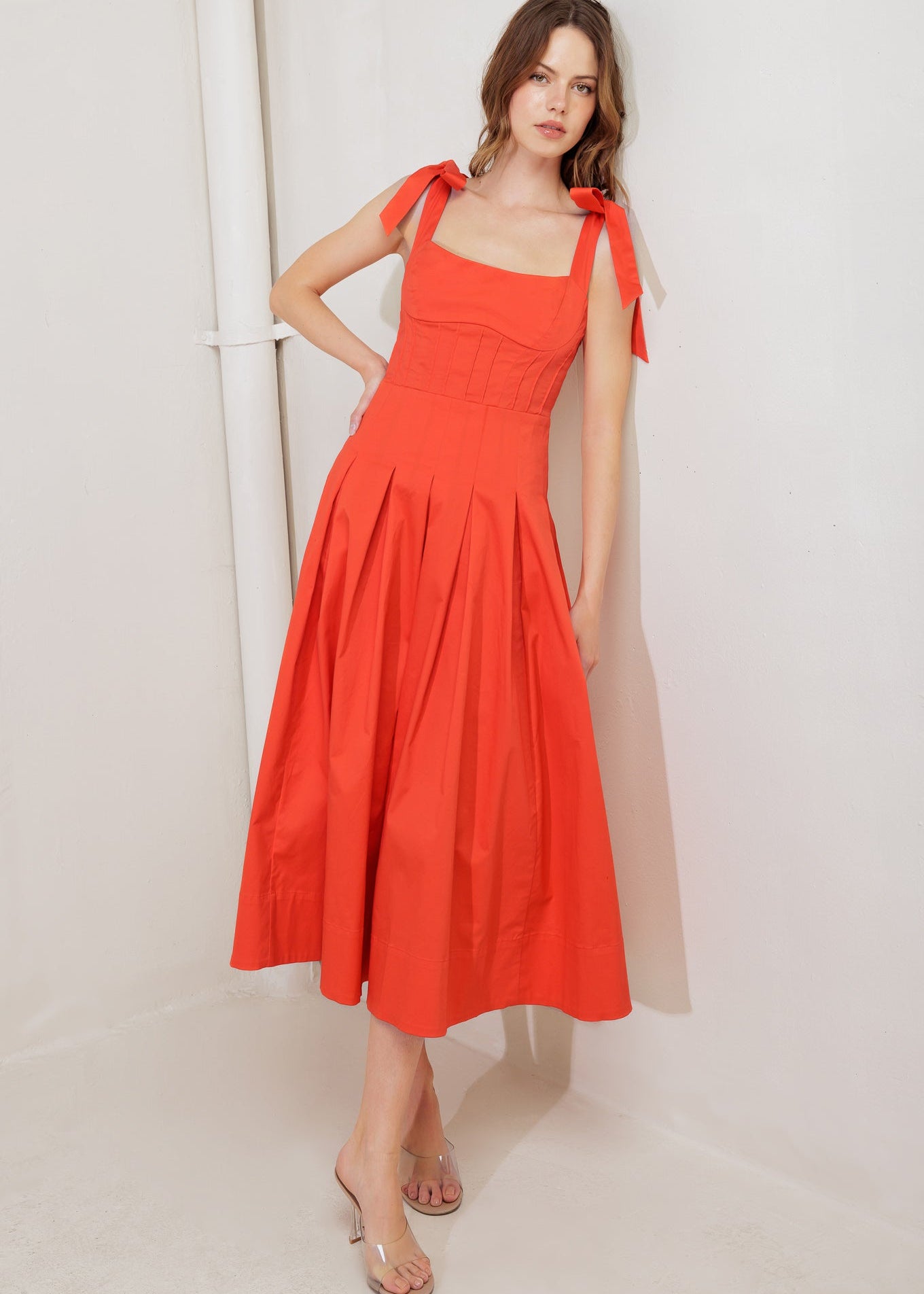 SUN KISSED FLAME TIE SHOULDER MIDI DRESS