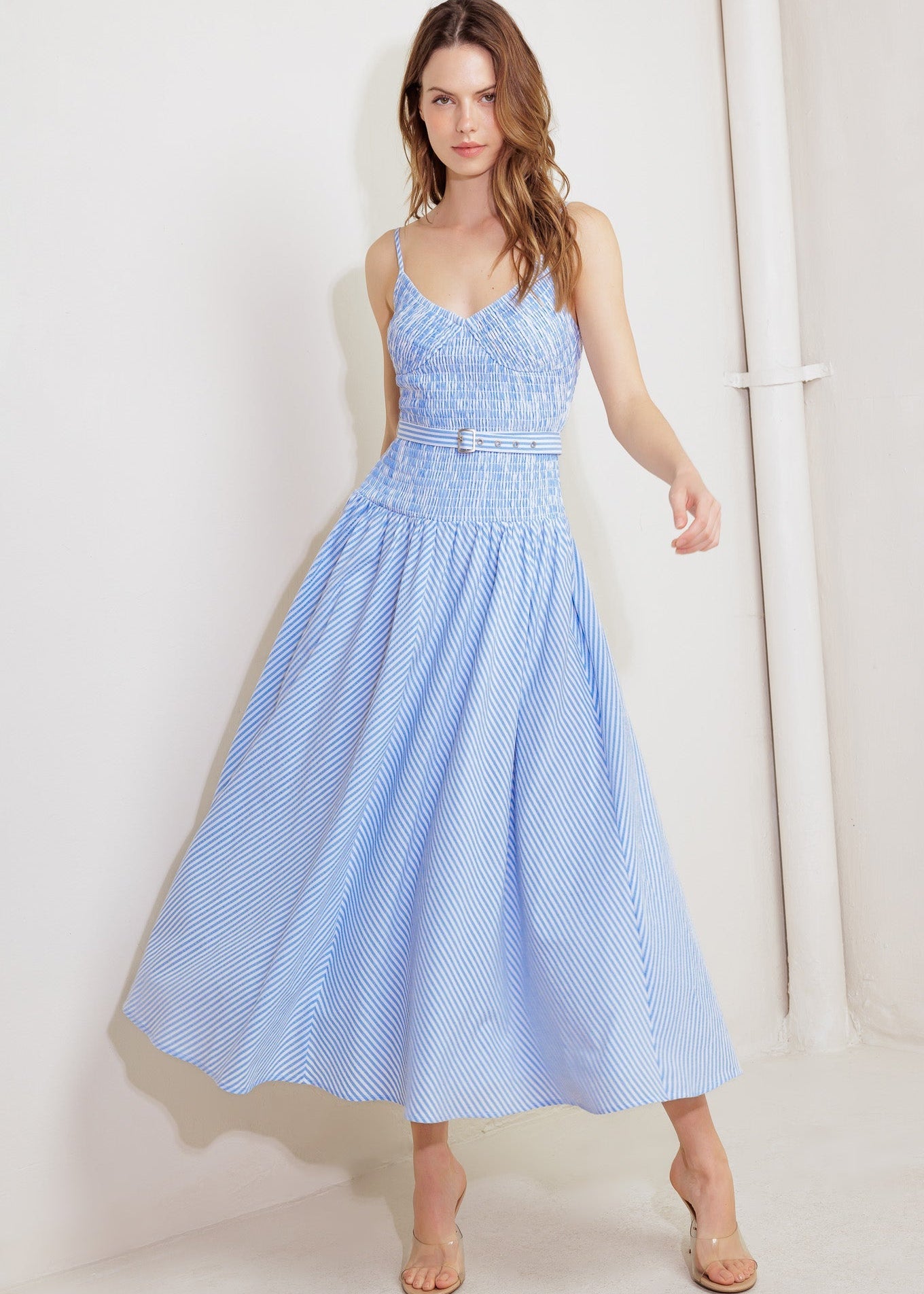 BLUE SKIES SEABREEZE STRIPED MIDI DRESS