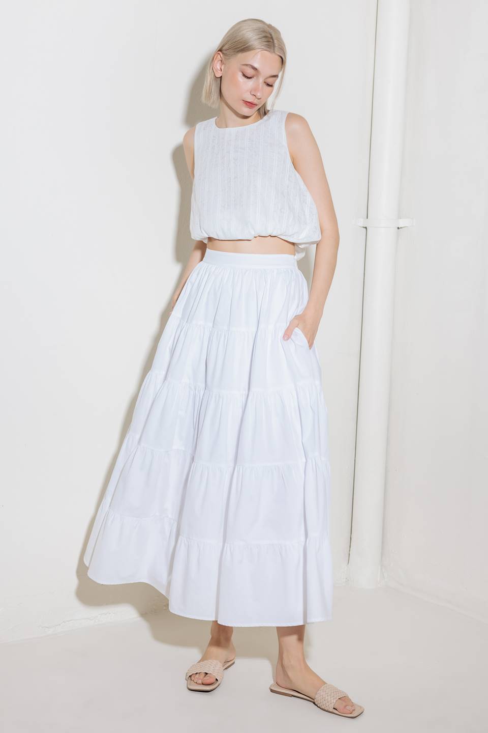 SIMPLY SPELLBOUND WHITE WOVEN FULL MIDI SKIRT Main image
