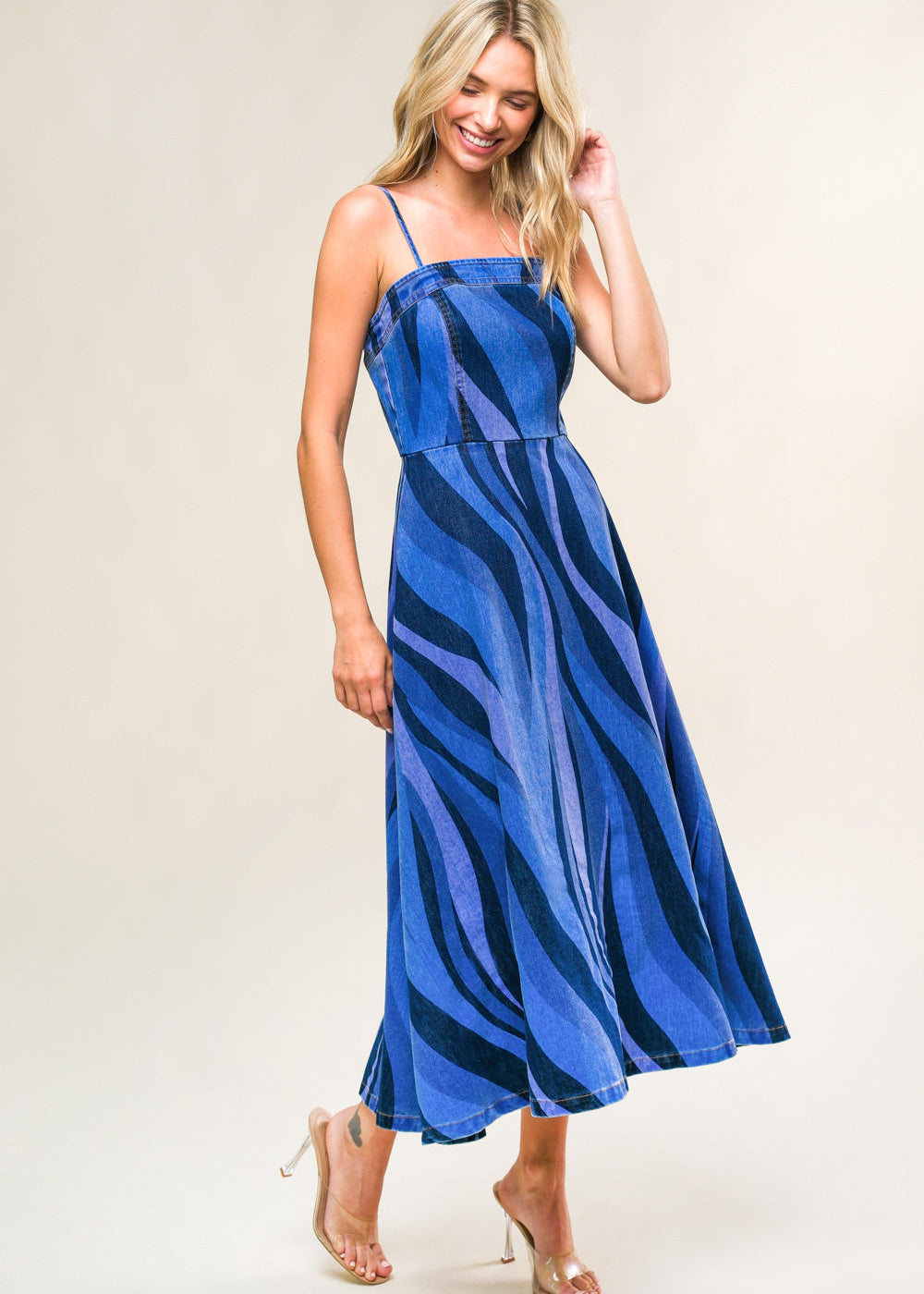 THE MAREN PRINTED DENIM MIDI DRESS