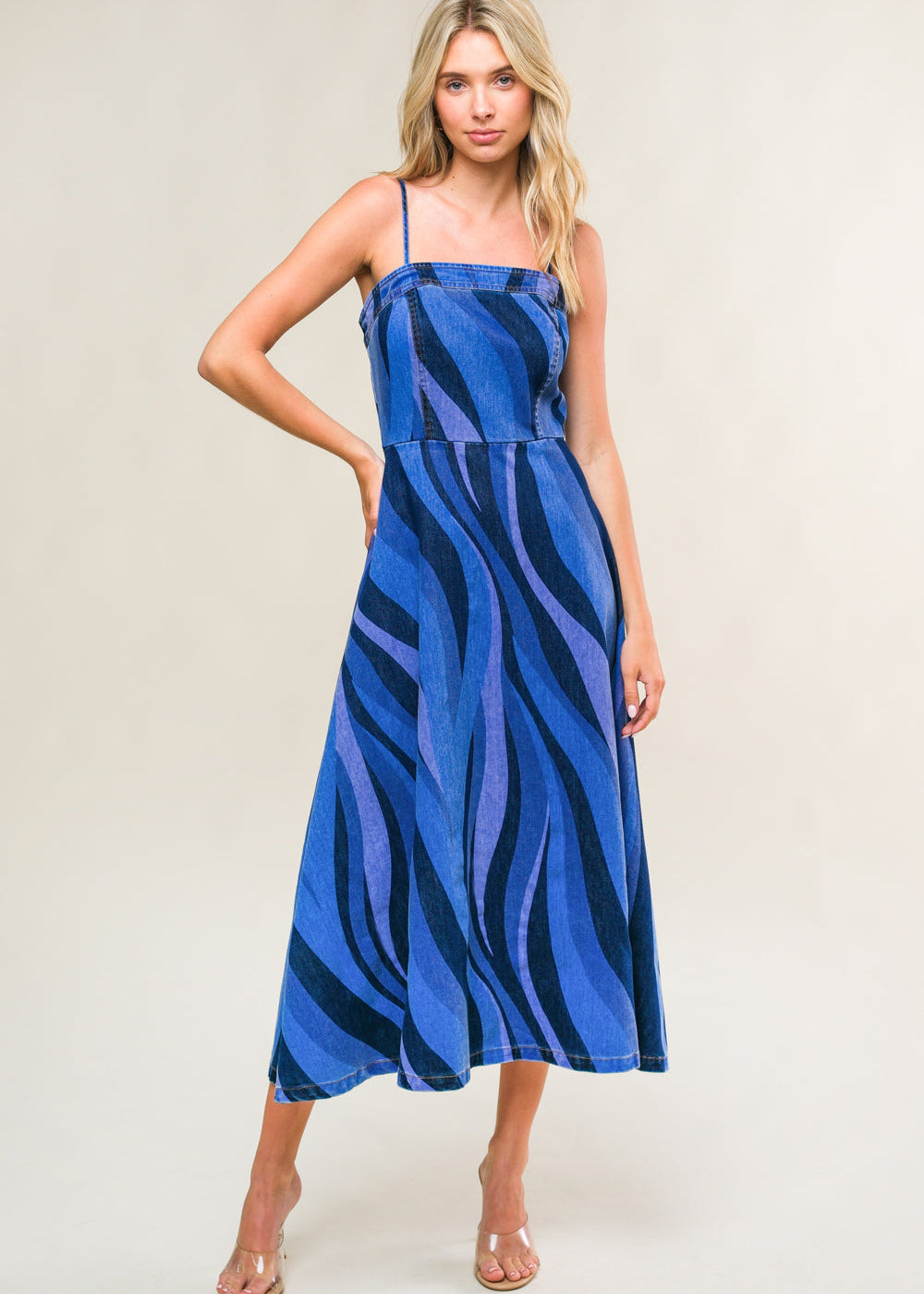 THE MAREN PRINTED DENIM MIDI DRESS Main image