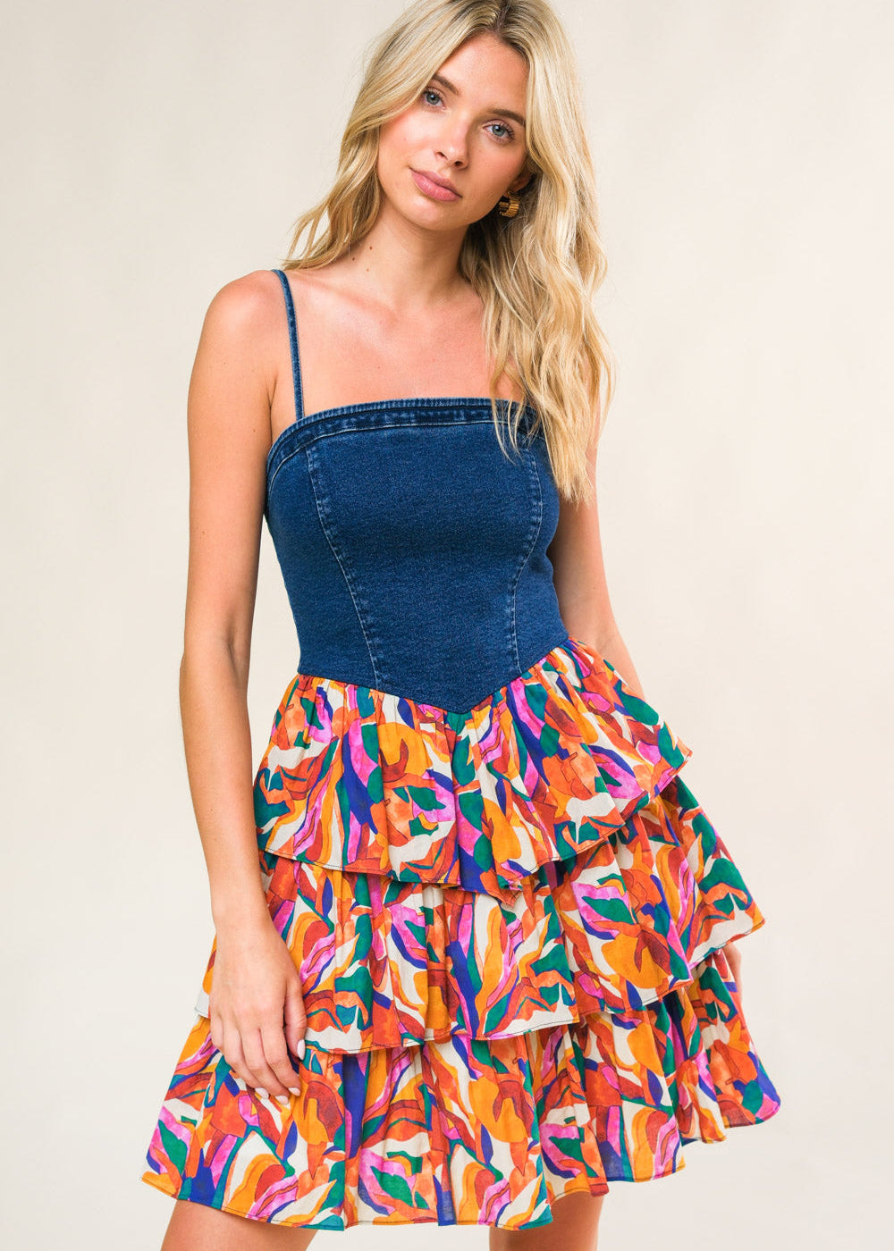 THE SUNSET DENIM TIERED MINI DRESS