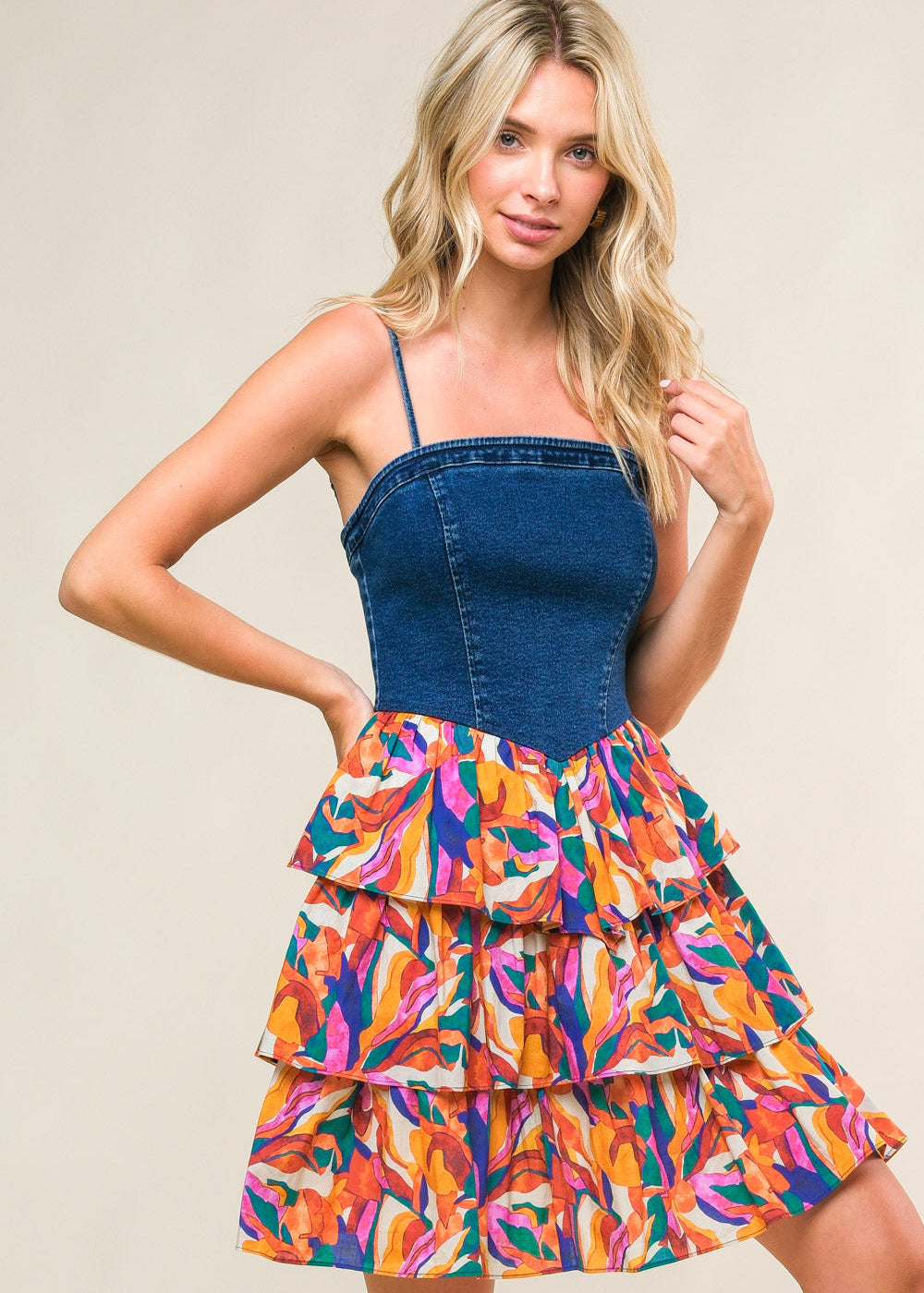 THE SUNSET DENIM TIERED MINI DRESS