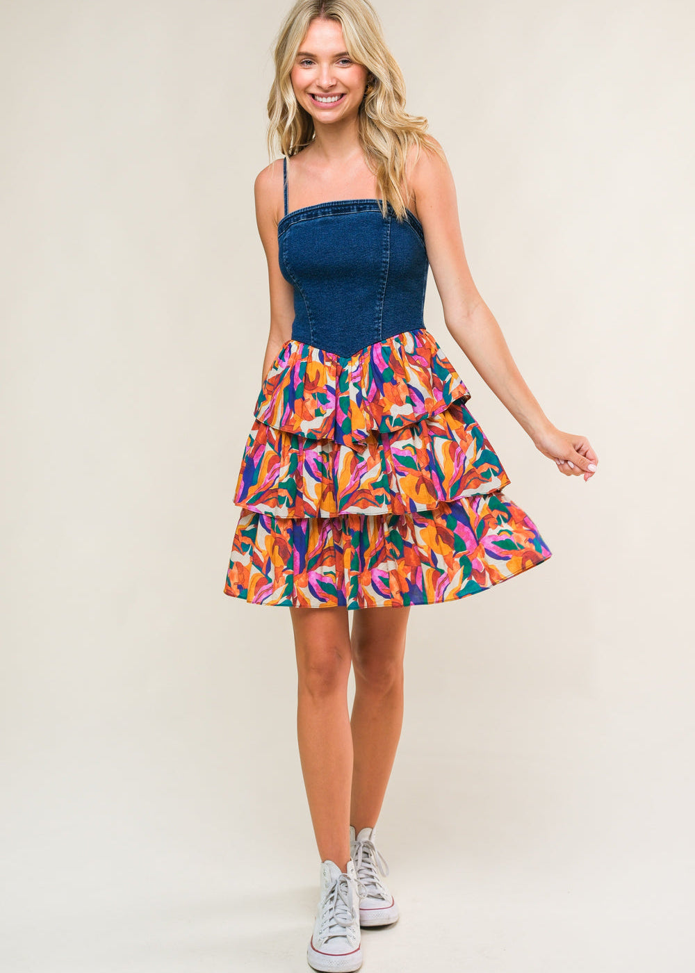 THE SUNSET DENIM TIERED MINI DRESS