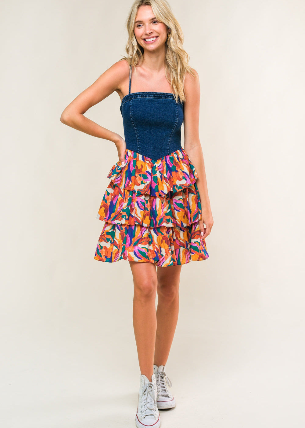 THE SUNSET DENIM TIERED MINI DRESS