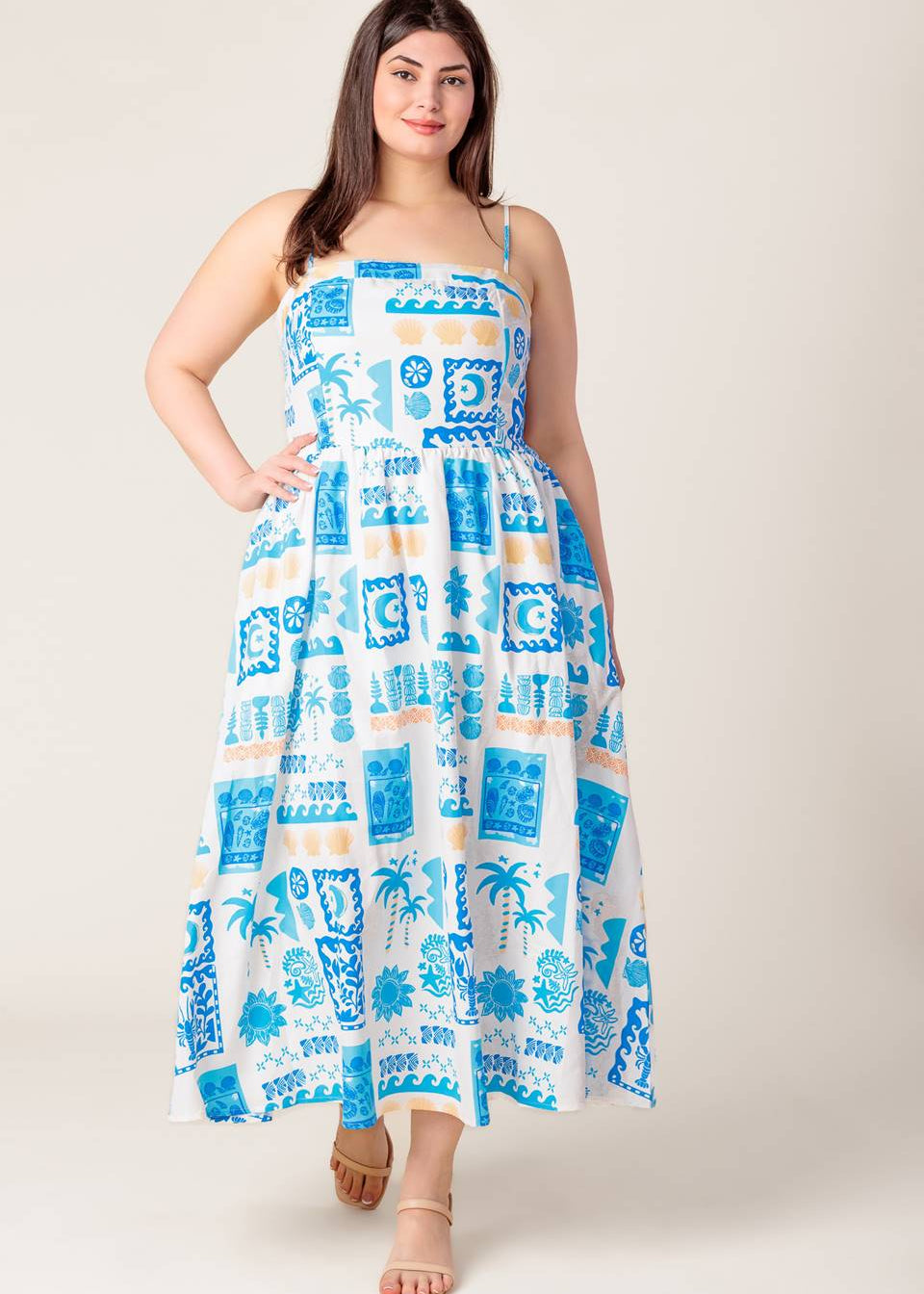 SEASIDE MOSAIC BLUE WOVEN MIDI DRESS