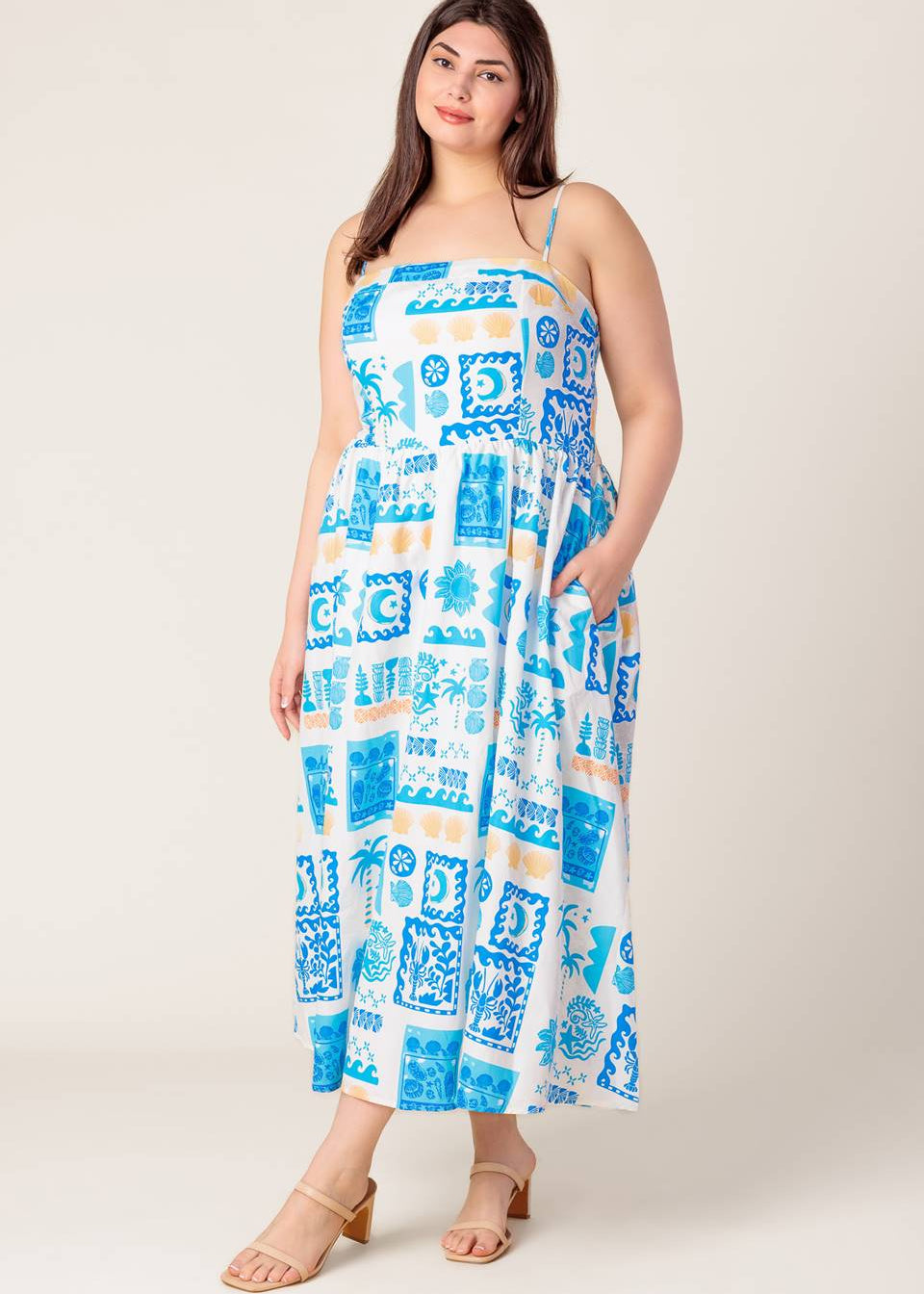 SEASIDE MOSAIC BLUE WOVEN MIDI DRESS