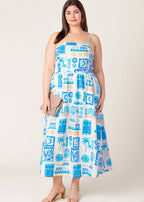 SEASIDE MOSAIC BLUE WOVEN MIDI DRESS