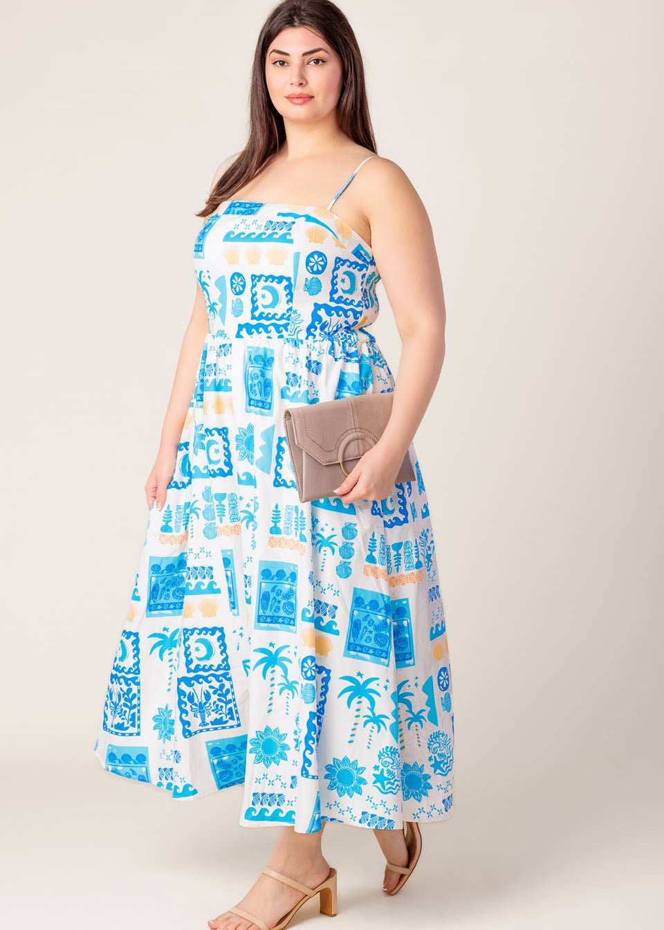 SEASIDE MOSAIC BLUE WOVEN MIDI DRESS