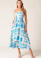 SEASIDE MOSAIC BLUE WOVEN MIDI DRESS