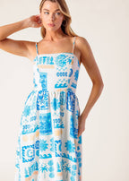 SEASIDE MOSAIC BLUE WOVEN MIDI DRESS