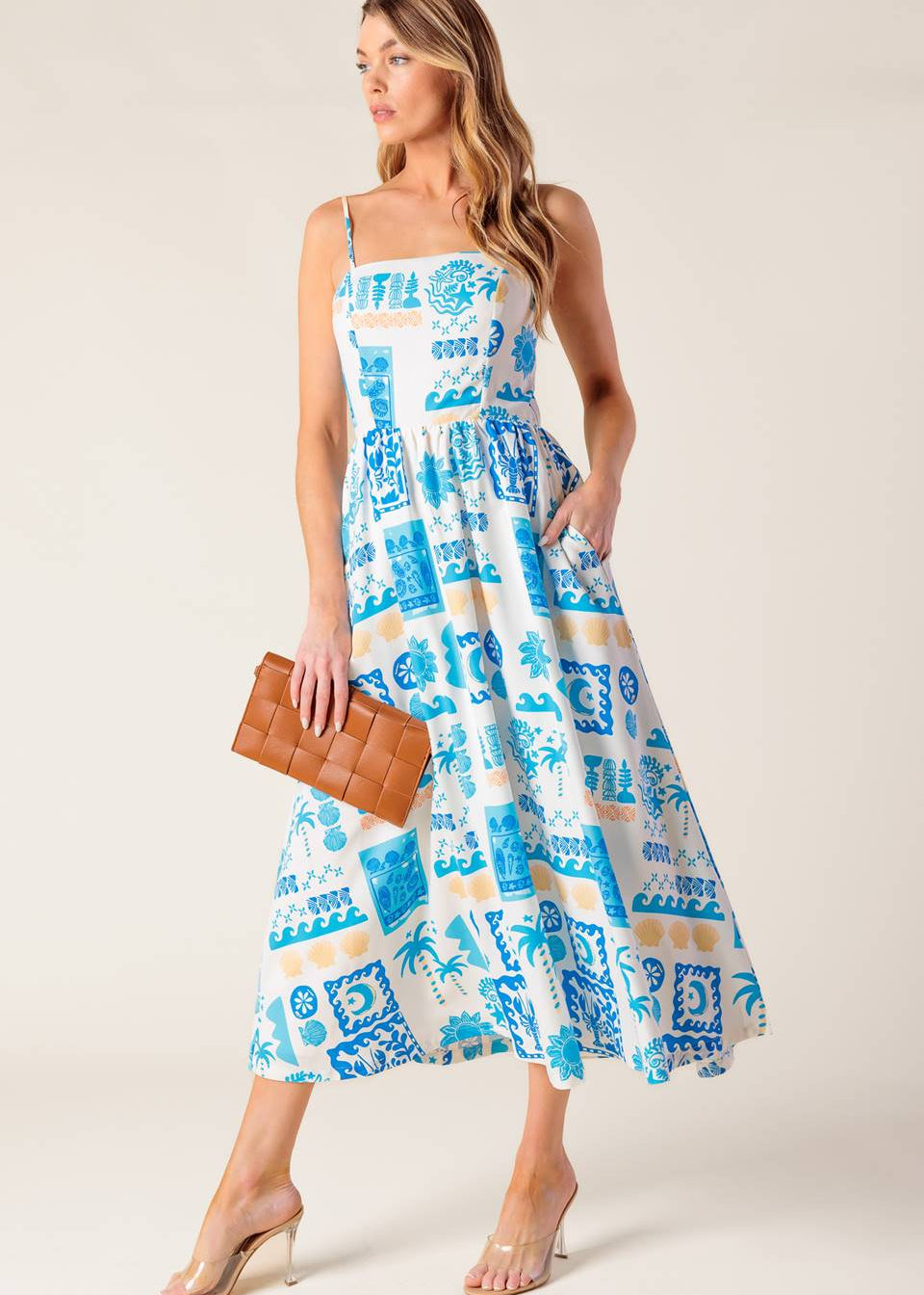 SEASIDE MOSAIC BLUE WOVEN MIDI DRESS