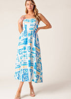 SEASIDE MOSAIC BLUE WOVEN MIDI DRESS