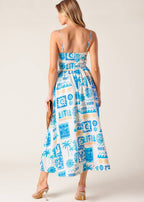 SEASIDE MOSAIC BLUE WOVEN MIDI DRESS