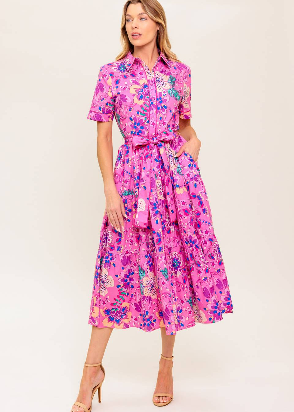 ELECTRIC BLOOM SHIRT MIDI DRESS