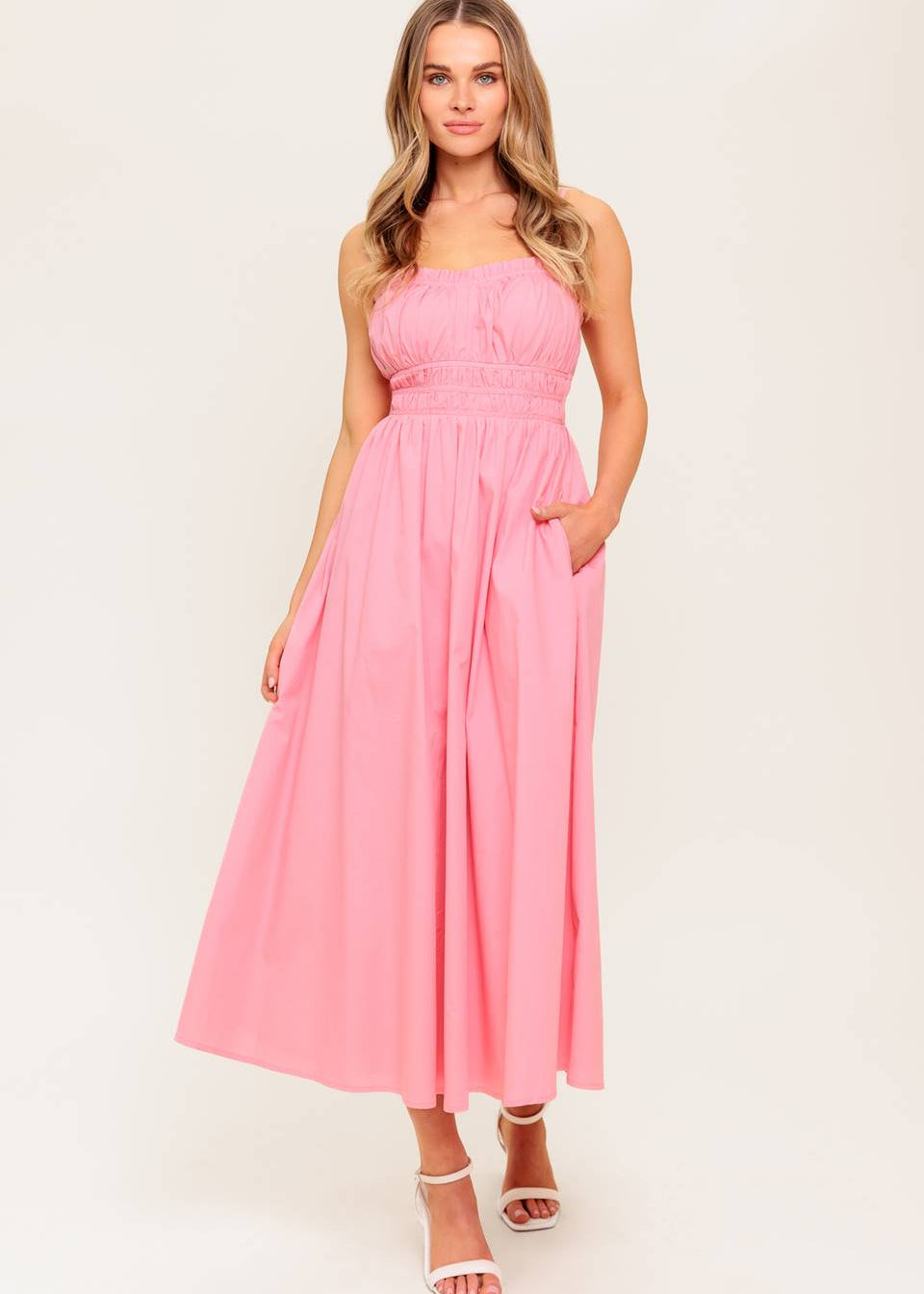 HONEYBLUSH SUNSET PINK WOVEN MIDI DRESS