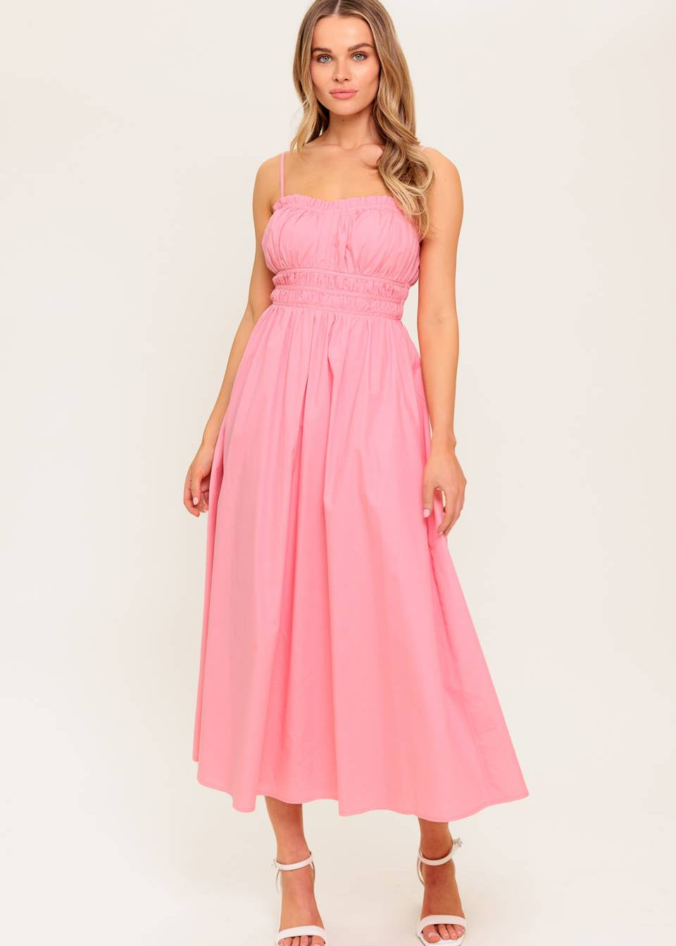 HONEYBLUSH SUNSET PINK WOVEN MIDI DRESS