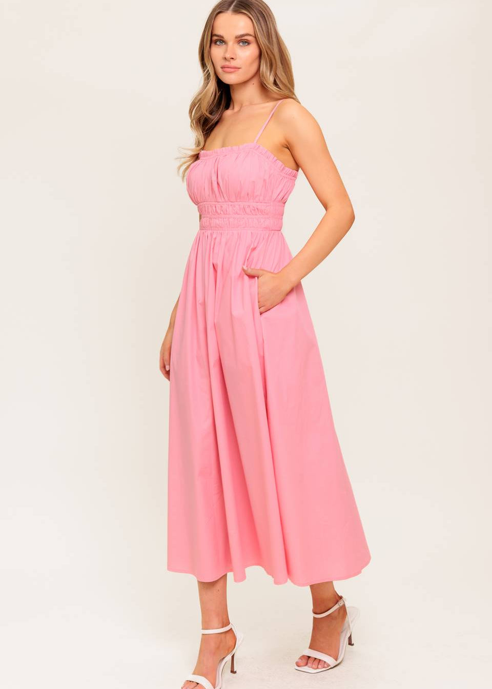 HONEYBLUSH SUNSET PINK WOVEN MIDI DRESS