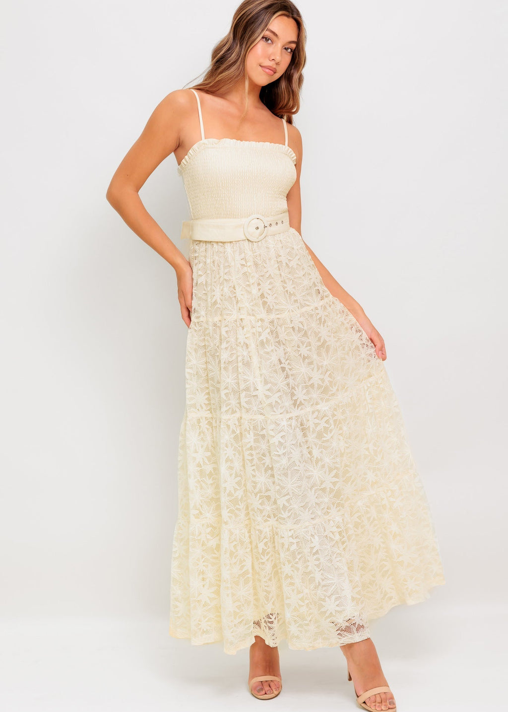 GOLDEN MEADOW LACE MIDI DRESS