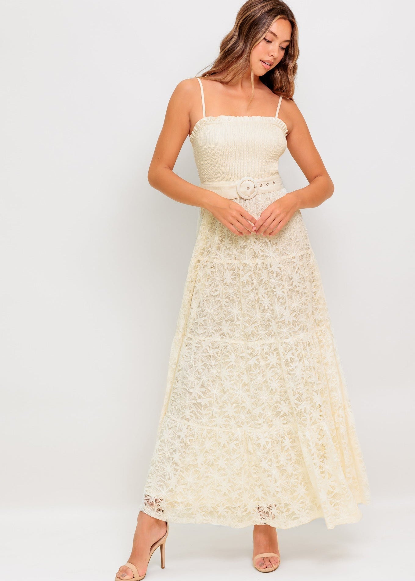 GOLDEN MEADOW LACE MIDI DRESS