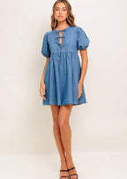 THE ELOWEN BOW-TIE DENIM MINI DRESS