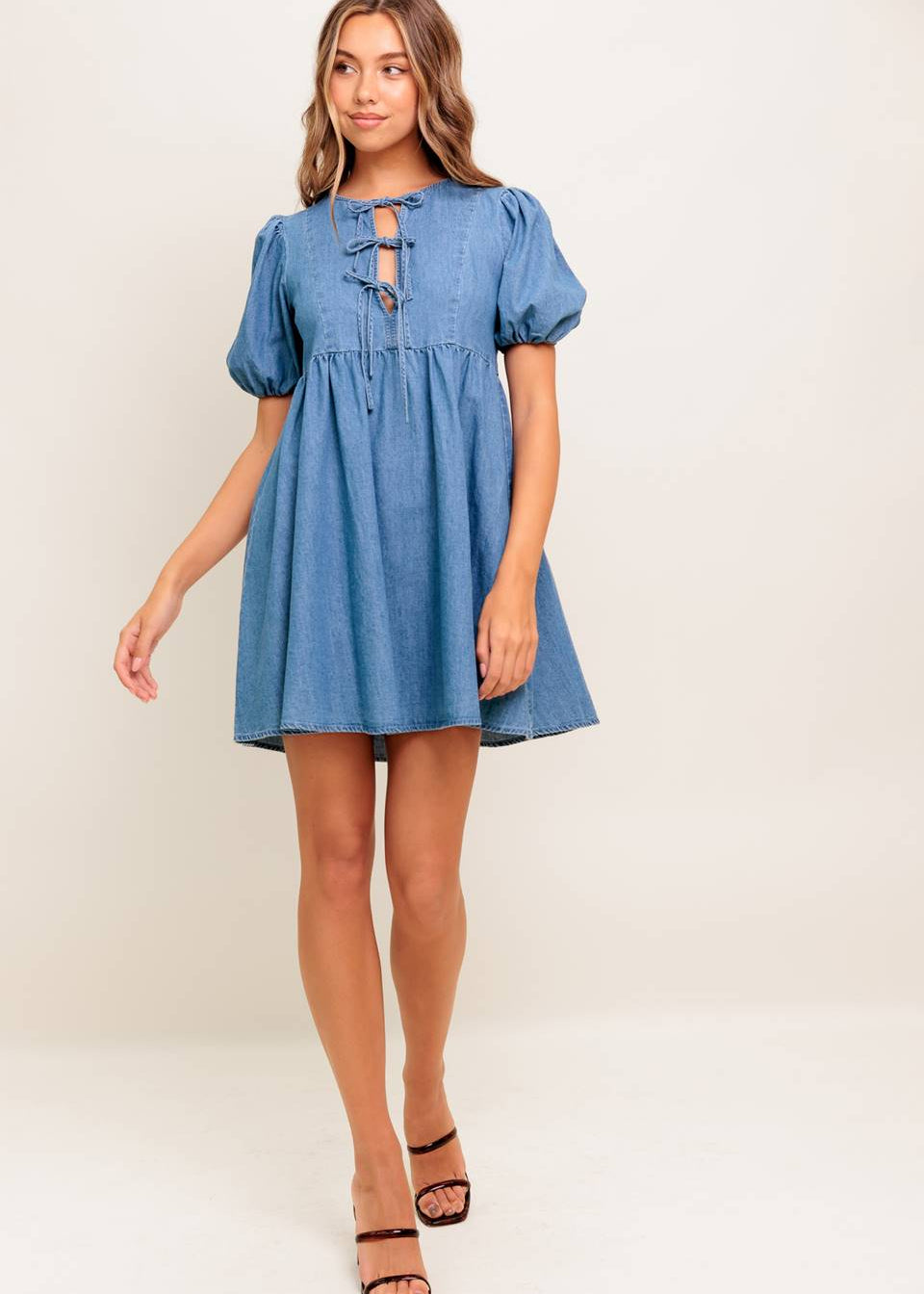 THE ELOWEN BOW-TIE DENIM MINI DRESS