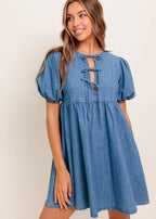 THE ELOWEN BOW-TIE DENIM MINI DRESS