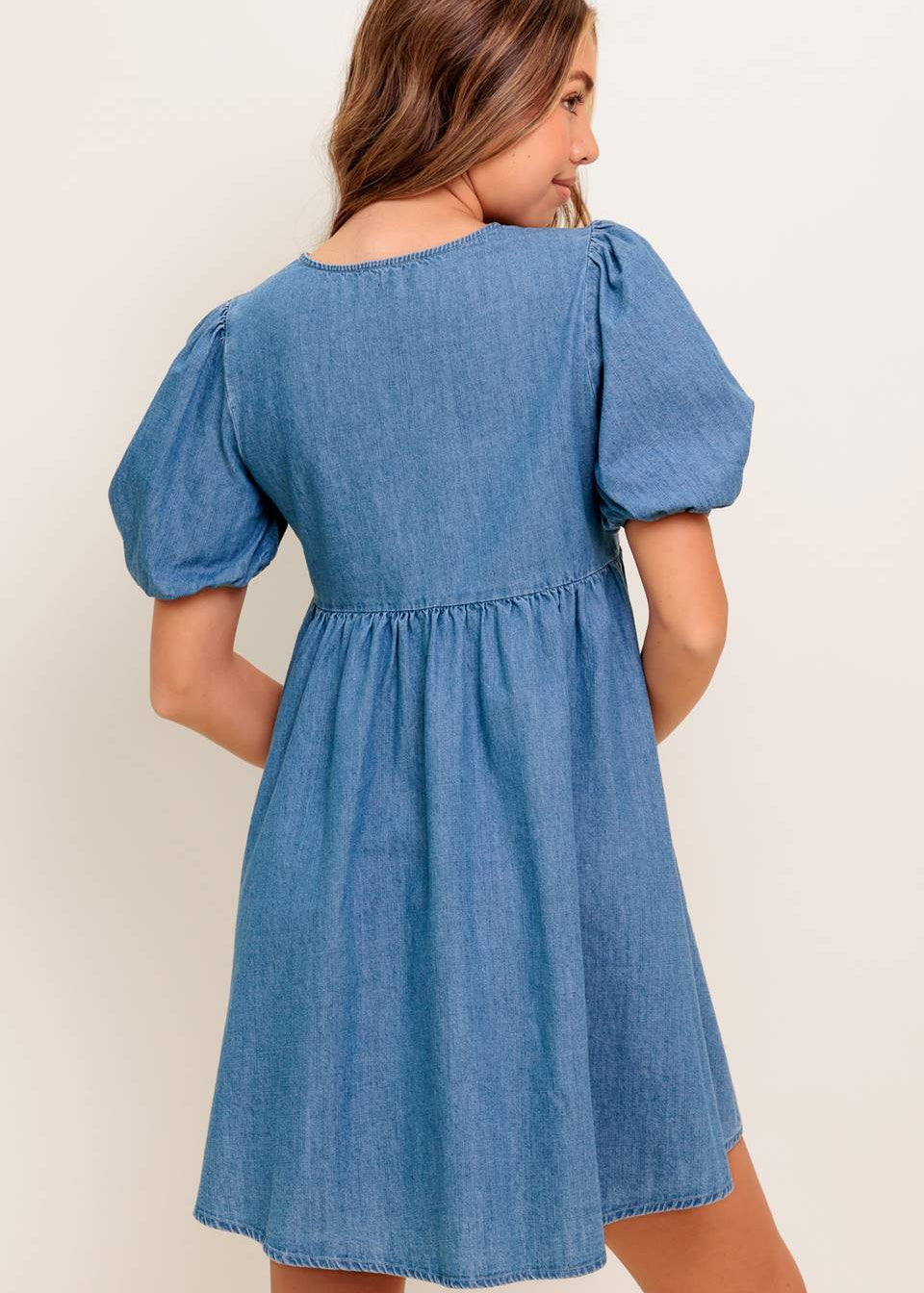 THE ELOWEN BOW-TIE DENIM MINI DRESS