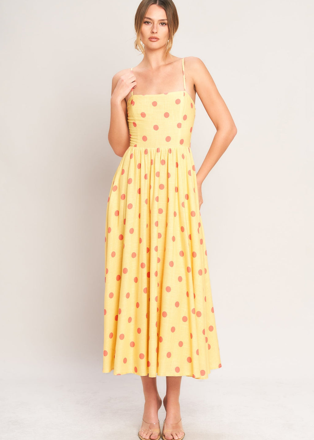 GOLDEN SUMMER POLKA WOVEN MIDI DRESS