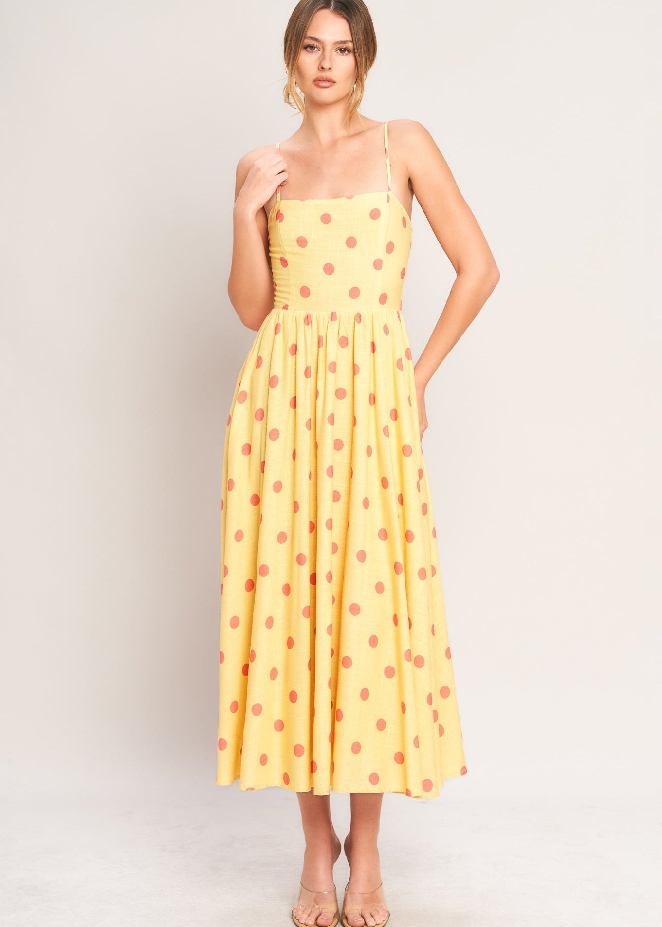 GOLDEN SUMMER POLKA WOVEN MIDI DRESS