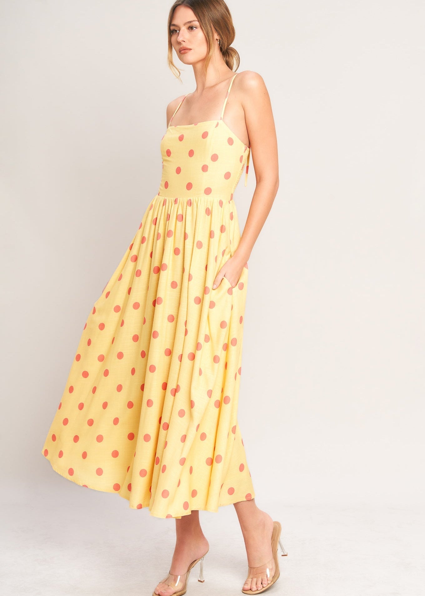 GOLDEN SUMMER POLKA WOVEN MIDI DRESS